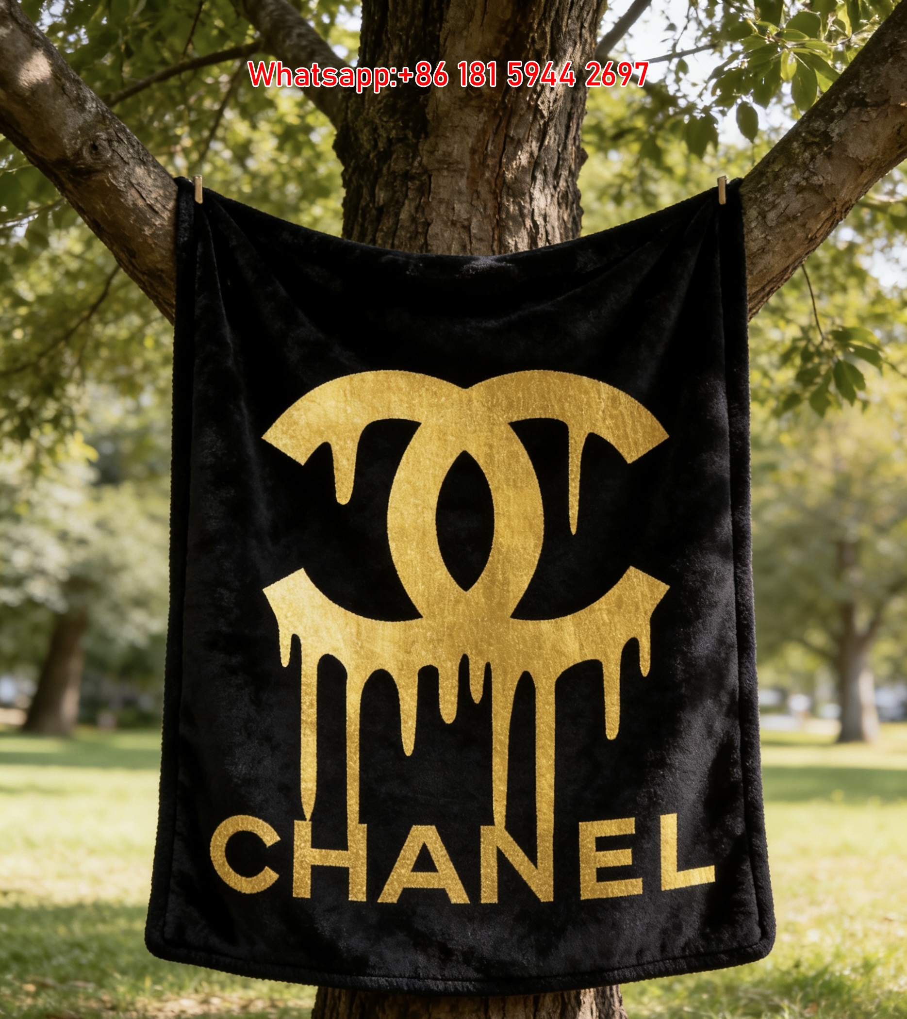 Chanel Gold Dripping CC Logo Flannel Throw Blanket IMG_7051